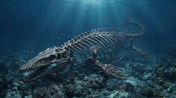 Esqueleto de gran reptil marino sobre lecho coralino y arena, con peces pequeños y rayos de luz bajo la superficie del agua.