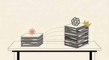 Dois documentos sobre a mesa. O da esquerda traz o logo da Antrópico; à direita, o logotipo da OpenAI e a coroa dourada. A seta dourada mostra a transição entre eles.
