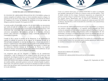 El Colegio de Abogados Penalistas de Colombia está exigiendo que la Justicia ordinaria investigue la agresión a una abogada en Medellín debido a posibles violaciones de derechos humanos - Crédito @CPenalistas / X