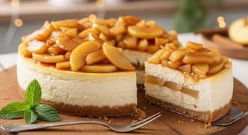 Primer plano de un cheesecake de manzana entero con una porción cortada, cubierto con manzanas caramelizadas y canela, presentado en una tabla de madera con menta.