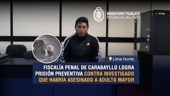 Hombre con rostro difuminado frente a un micrófono, junto con el logo del Ministerio Público del Perú y una imagen circular de seguridad