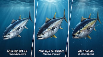 Tres paneles con ilustraciones de un atún rojo del sur, un atún rojo del Pacífico y un atún patudo bajo el agua marina con sus nombres.