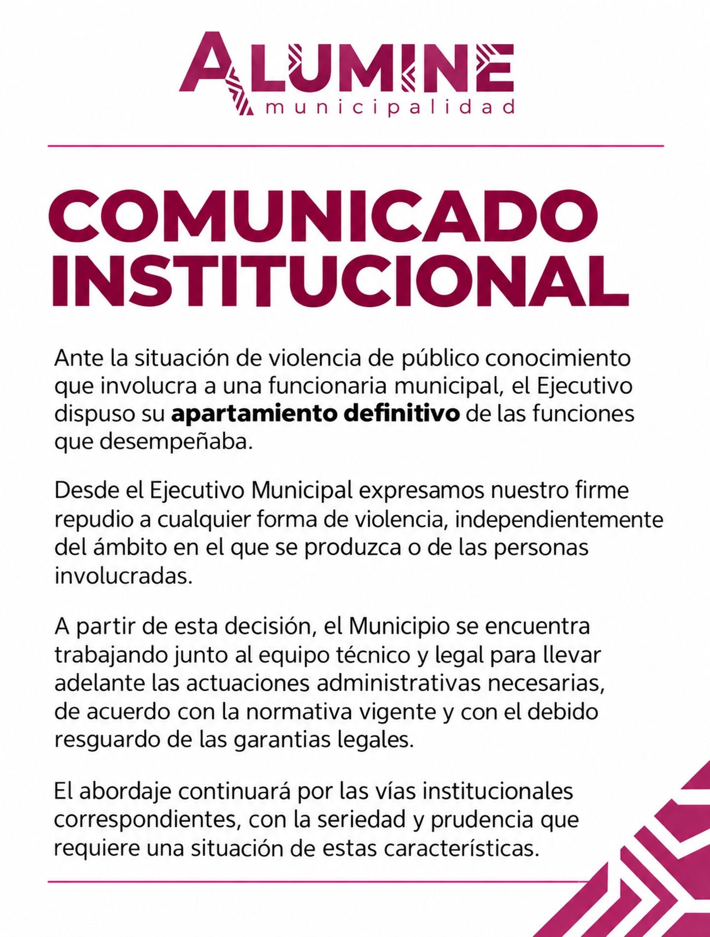 La Municipalidad de Aluminé emitió un comunicado oficial que anuncia el apartamiento definitivo de una funcionaria tras un hecho de violencia