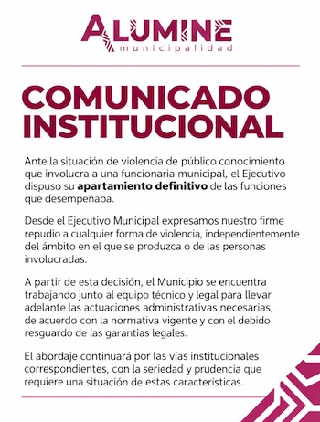 Documento con el logotipo de la Municipalidad de Aluminé y un texto titulado Comunicado institucional sobre fondo blanco