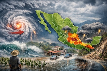 Mapa de México, huracán, flecha roja, nubes de lluvia, relámpagos, olas, inundaciones con vehículos y campos de maíz, hombre, deslave en carretera.