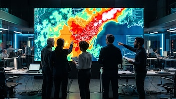 Cinco personas observan y señalan una pantalla gigante que proyecta un mapa térmico multicolor en un centro de control