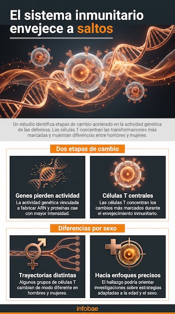 Infografía con ilustraciones de cadenas de ADN y células sobre fondo oscuro, textos descriptivos y el logotipo de Infobae al pie.