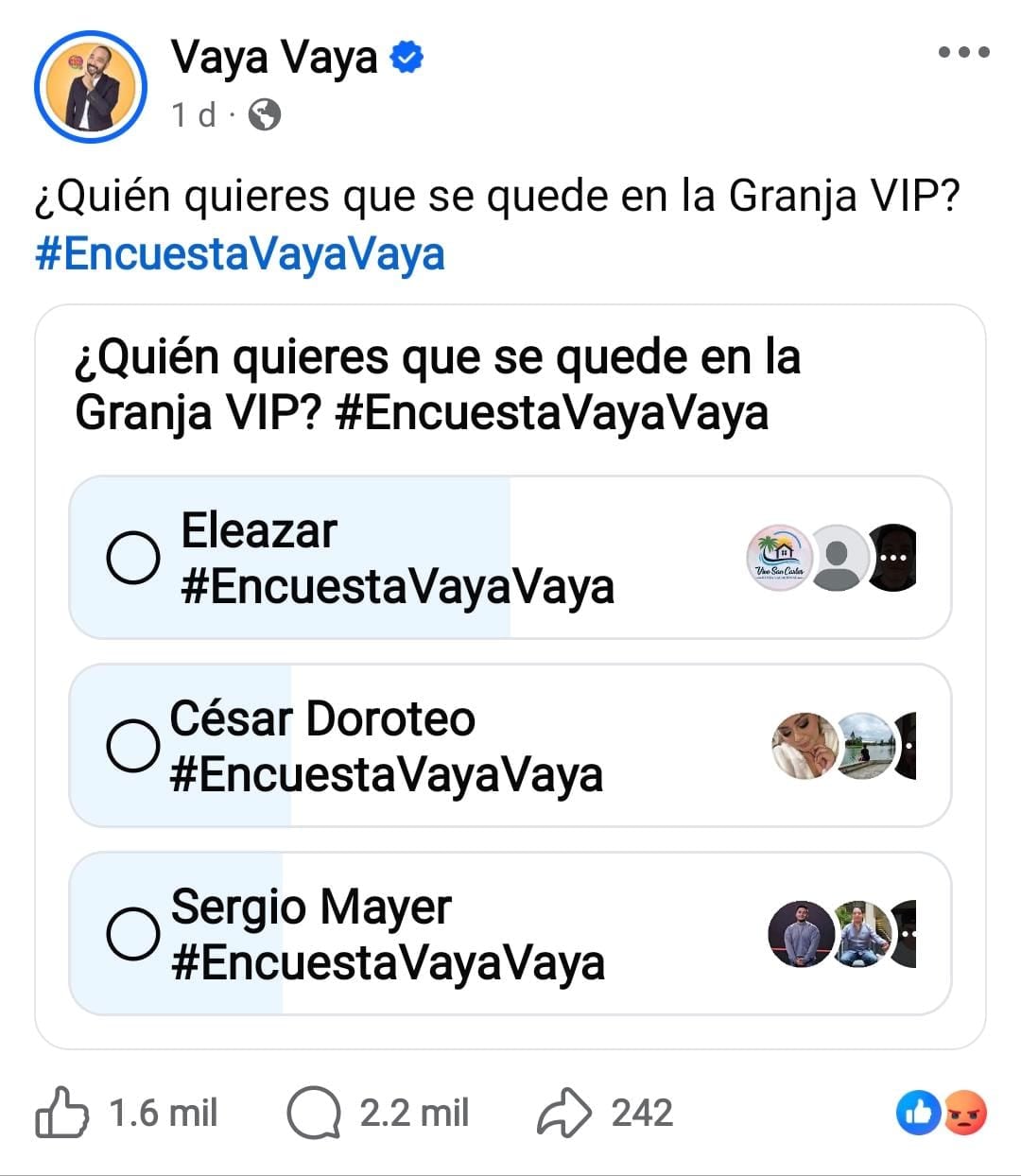 Eleazar Gómez se perfila como otro de los finalistas, según encuestas en redes sociales. (Vaya Vaya / facebook)