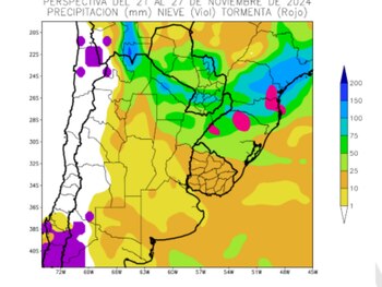 Pronostican tormentas fuertes (señaladas en rojo) sobre el norte del área agrícola, y nevadas tardías en la zona cordillerana (indicadas en violeta) (BCBA)