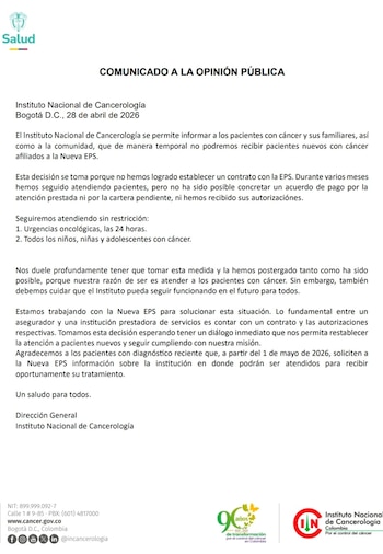 El Instituto Nacional de Cancerología anunció que suspenderá la admisión de nuevos pacientes de la Nueva EPS por falta de acuerdo en pagos. - crédito Instituto Nacional Cancerológico