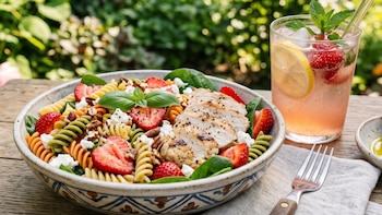 Tazón de ensalada de pasta tricolor con pollo, fresas, espinacas, queso y nueces. Un vaso de bebida rosada con limón y menta en una mesa de madera al aire libre