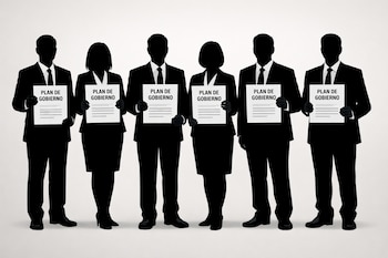 Seis siluetas de candidatos, cuatro masculinas y dos femeninas, de pie, vestidas formalmente y sosteniendo documentos titulados 'PLAN DE GOBIERNO'.
