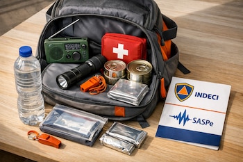 Mochila de emergencia abierta con radio, botella de agua, linterna, botiquín, alimentos enlatados, manta térmica, documentos, silbato y folleto INDECI SASPe.