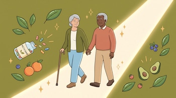 Ilustración de dos adultos mayores caminando, uno con bastón, en un sendero rodeados de hojas, frutas, aguacates y una botella de multivitaminas.