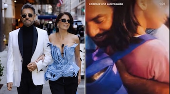 Hombre y mujer elegantes caminando del brazo en calle. Otra sección muestra un abrazo borroso de dos adultos con menor, texto superior 'ederbez and alexrosaldo'.