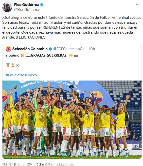 Federico Gutiérrez celebró el triunfo de la selección femenina y resaltó su impacto en las niñas deportistas - crédito @FicoGutierrez/X