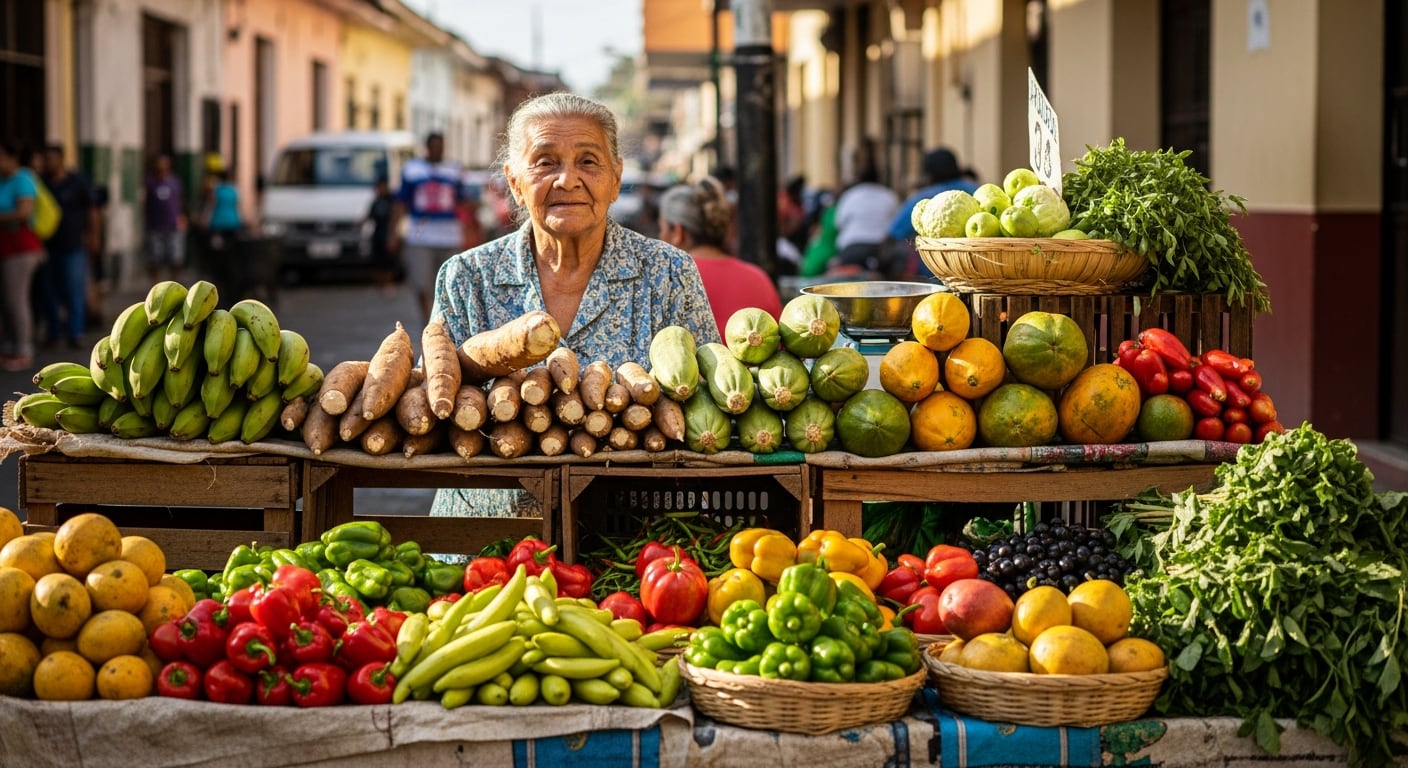 Una mujer vende diversas frutas y verduras en un puesto callejero en Panamá, realizando un trabajo informal en uno de los barrios de la ciudad. (Imagen Ilustrativa Infobae)
