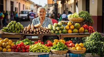 Puesto callejero con una vendedora y una gran variedad de productos frescos: plátanos, yucas, calabazas, papayas, pimientos, tomates, cítricos, uvas y vegetales verdes.