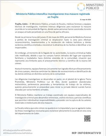 El Ministerio Público confirmó 20 muertos tras la masacre registrada en Trujillo, Colón. (FOTO: X / Ministerio Público)
