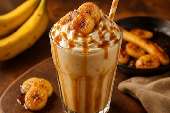 Vaso de batido con crema batida, jarabe de caramelo, rodajas de banana caramelizada y una pajilla de papel sobre mesa de madera.