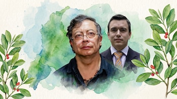 Ilustración de Gustavo Petro en primer plano y Daniel Noboa detrás, sobre fondo de acuarela verde y azul, con ramas con hojas y bayas rojas a los lados.