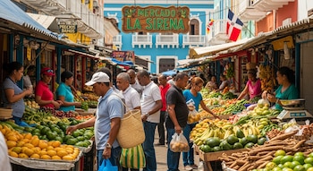 Un bullicioso mercado al aire libre con múltiples puestos llenos de frutas y verduras frescas, donde personas compran y vendedores atienden.