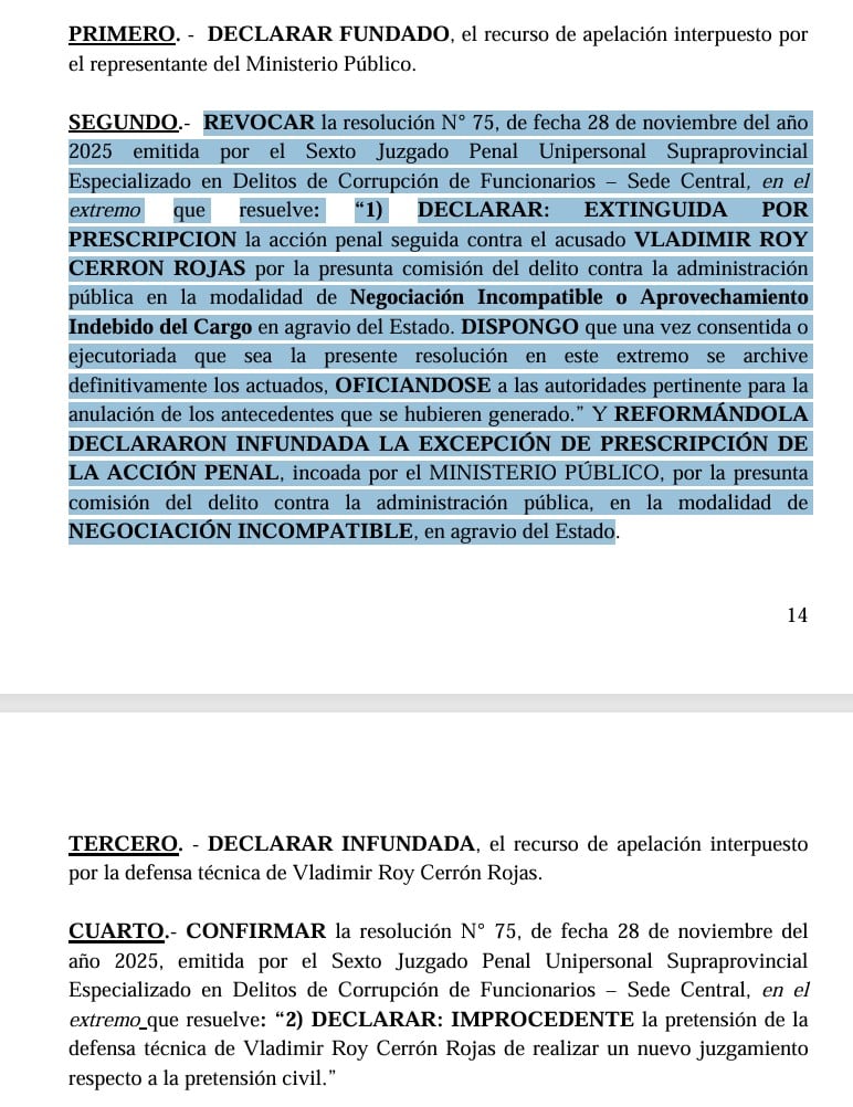 Nuevo revés judicial para Vladimir Cerrón