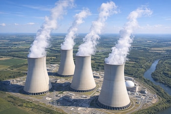 Vista aérea de una central nuclear con cuatro enormes torres de refrigeración de concreto, cada una liberando columnas de vapor blanco. Un río y áreas verdes circundan la instalación.