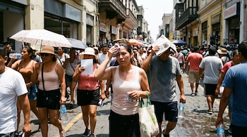 Un grupo de personas camina por una calle comercial soleada; varias llevan sombrillas, sombreros, botellas de agua o se cubren con periódicos.