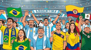 Caricatura de aficionados de fútbol de diversas nacionalidades en un estadio, con banderas de Argentina, Brasil, Colombia y México. Confeti cae en el aire.