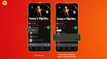 Dos pantallas de teléfono muestran la aplicación Spotify abierta en la playlist 'Today's Top Hits', con un botón de 'Notes' y una nota de texto expandida