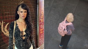 Composición de dos imágenes: una mujer de cabello oscuro a la izquierda y una persona con mochila rosa vista desde arriba a la derecha.
