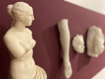 Estatua de torso femenino sin brazos en primer plano. Fondo color vino con un brazo y dos fragmentos de estatua borrosos