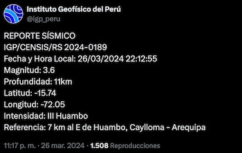 Instituto Geofísico del Perú reportó