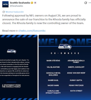 El comunicado de la franquicia incluyó a Hevia Baillères entre los copropietarios, con los Seahawks como campeones vigentes del Super Bowl LX. (X/ @Seahawks)