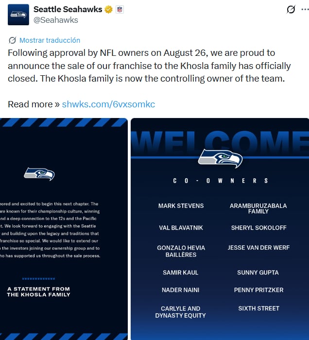 El comunicado de la franquicia incluyó a Hevia Baillères entre los copropietarios, con los Seahawks como campeones vigentes del Super Bowl LX. (X/ @Seahawks)