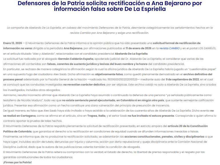 Este fue el comunicado que publicó el equipo de Abelardo de la Espriella donde expresa su desacuerdo con la publicación de la columna de opinión - crédito Web Defensores de las Patria