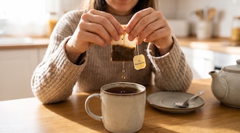 Manos de una persona que exprime una bolsa de té de manzanilla sobre una taza de cerámica en una mesa de madera.