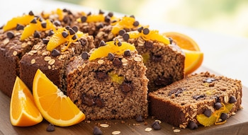 Bizcocho de avena, naranja y chocolate, cortado en rebanadas, decorado con gajos y ralladura de naranja, chips de chocolate y avena, sobre una tabla de madera.