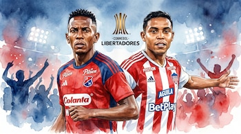 Ilustración en acuarela de dos futbolistas colombianos, con camisetas de Independiente Medellín y Junior, el logo de Copa Libertadores y un estadio de fondo.
