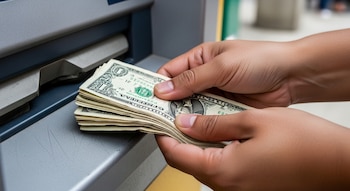 Dos manos de una persona sostienen un fajo de billetes de un dólar estadounidense mientras sale de la ranura de un cajero automático gris.