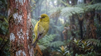 Ave de plumaje amarillo verdoso y pico curvo apoyada en el tronco de un árbol frente a un fondo de helechos y vegetación.