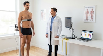 Hombre de pie con un cinturón de medición en el torso frente a un médico con bata blanca en un consultorio con máquina, monitor y portátil.