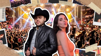 Collage de un hombre con sombrero negro y chaqueta junto a una mujer con ropa naranja, sobre la imagen de un palenque con público y mariachis.