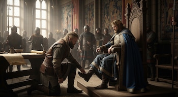Un hombre barbudo arrodillado toca el pie de un rey coronado sentado en un trono, con guardias armados en una sala con ventanales y tapices.