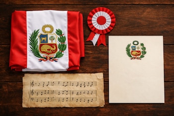 Bandera peruana plegada con escudo nacional, escarapela circular roja y blanca, partitura musical antigua y documento con escudo peruano sobre mesa de madera.