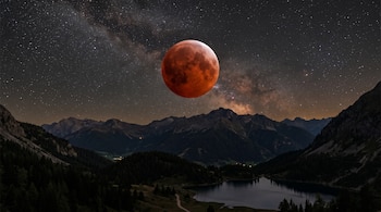 Luna eclipsada de color rojo en un cielo nocturno con estrellas sobre montañas, bosques y un lago.