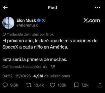 Captura de una publicación en la red social X atribuida a la cuenta de Elon Musk con texto en español sobre acciones de SpaceX