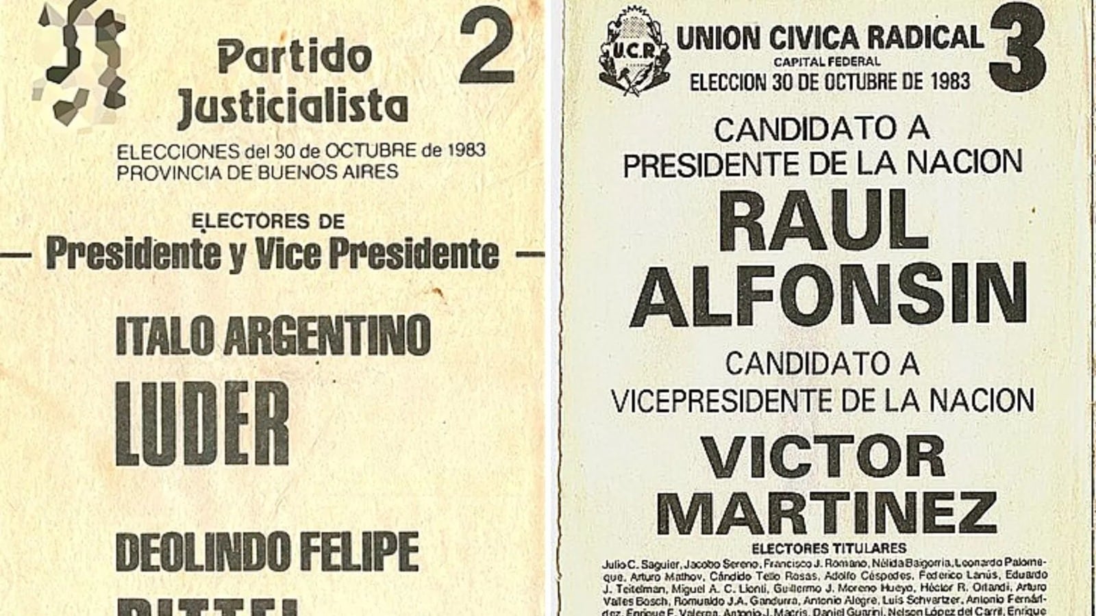 Boletas de Luder y Alfonsión para las elecciones del 30 de octubre de 1983.