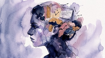 Ilustración en acuarela del perfil de una persona con ropa apilada, manecillas de reloj y un calendario con días tachados en la cabeza.